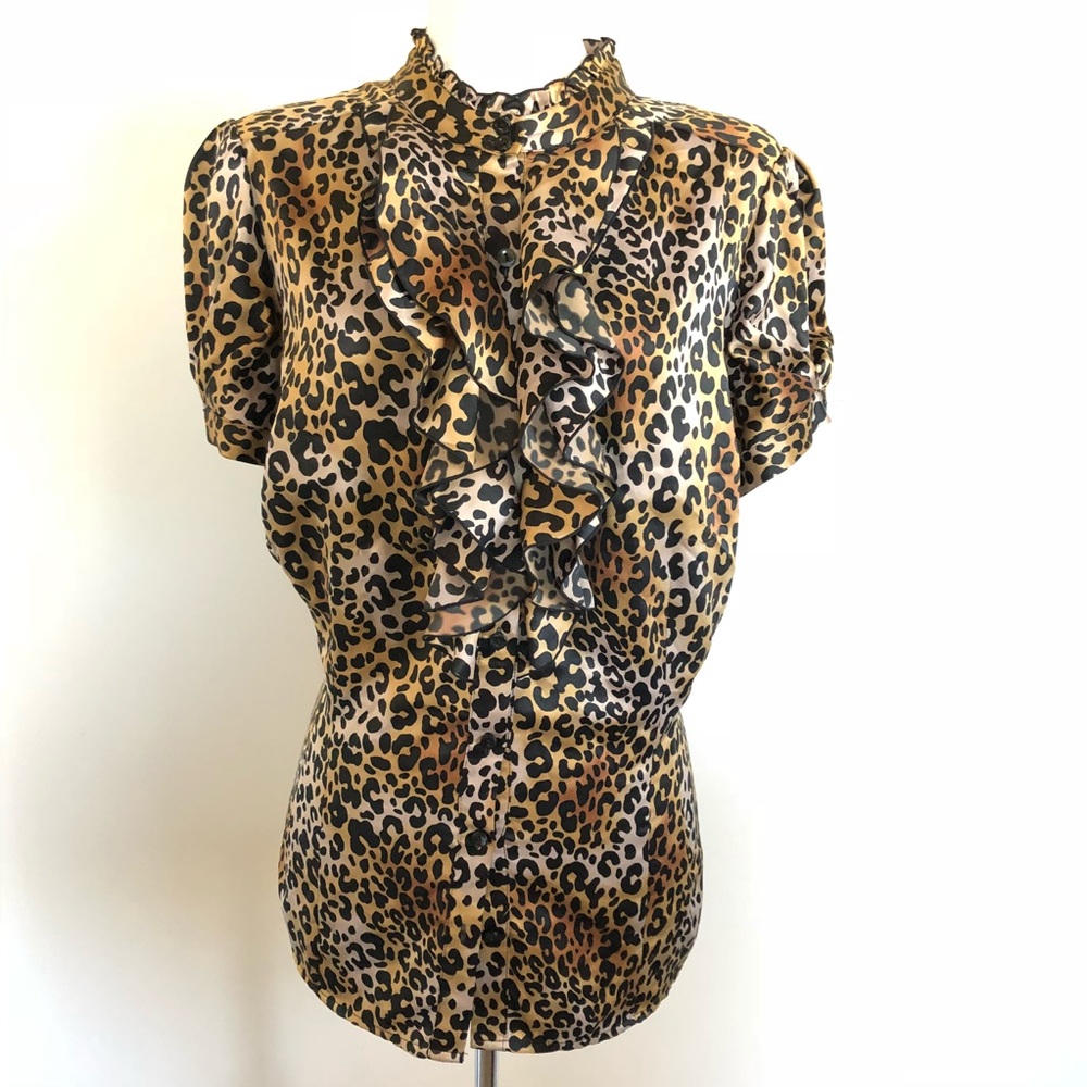 Sexy Cheetah Print high neck ruffle Blouse Sz 2X
